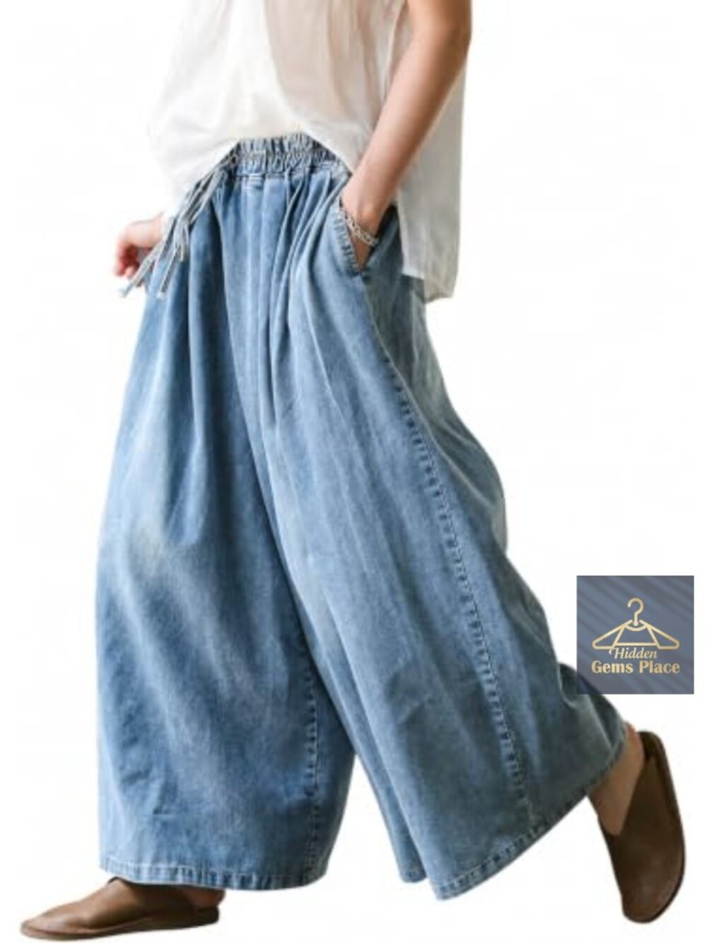 Wide Leg Baggy Jeans Plus Size Loose Elastic Waist Denim Pants Deep Pockets